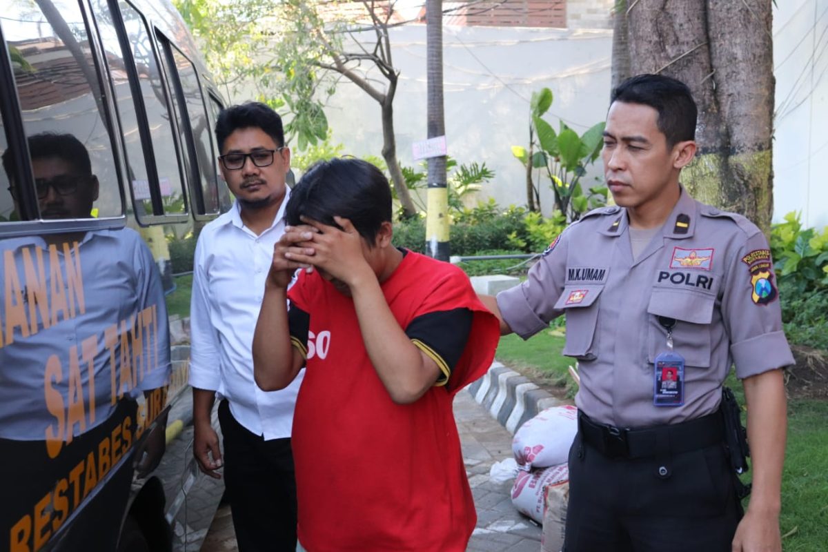 Mahasiswa pelaku pencabulan siswi SMP digelandang petugas Polrestabes Surabaya. (joe/ SJ foto)