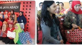 Gubernur Jawa Timur Khofifah Indar Parawansa melihat kerajinan limbah plastik yang dibuat para ibu-ibu binaan PT Santos Jaya Abadi, Sidoarjo, Jawa Timur. (istimewa)