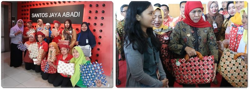 Gubernur Jawa Timur Khofifah Indar Parawansa melihat kerajinan limbah plastik yang dibuat para ibu-ibu binaan PT Santos Jaya Abadi, Sidoarjo, Jawa Timur. (istimewa)