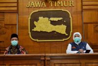 Gubernur Khofifah gelar jumpa pers virus corona (covid-19) di Gedung Negara Grahadi beberapa waktu lalu. (Fahmi/SJ Foto) 