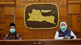 Gubernur Khofifah gelar jumpa pers virus corona (covid-19) di Gedung Negara Grahadi beberapa waktu lalu. (Fahmi/SJ Foto) 