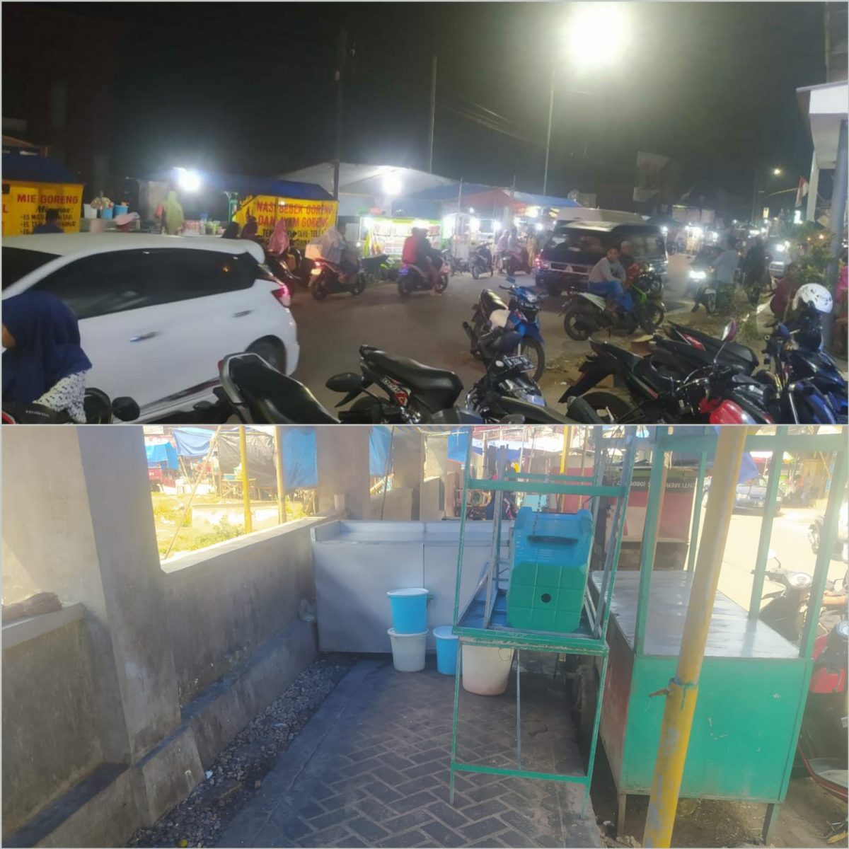 Foto: Potret PKL depan pasar lenteng pada saat malam hari dan sebagian lapak pedagang yang ditinggal pada siang hari.