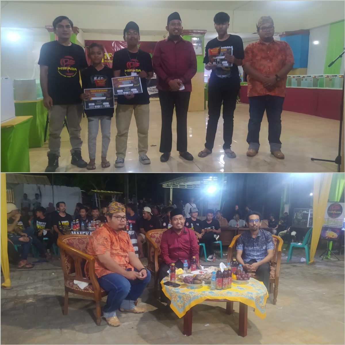 Foto:Bupati Sumenep (Baju Merah) Didampingi Kades Torbang (Baju orange) saat menghadiri kontes ikan channa yang diselenggarakan di Balai Desa Torbang