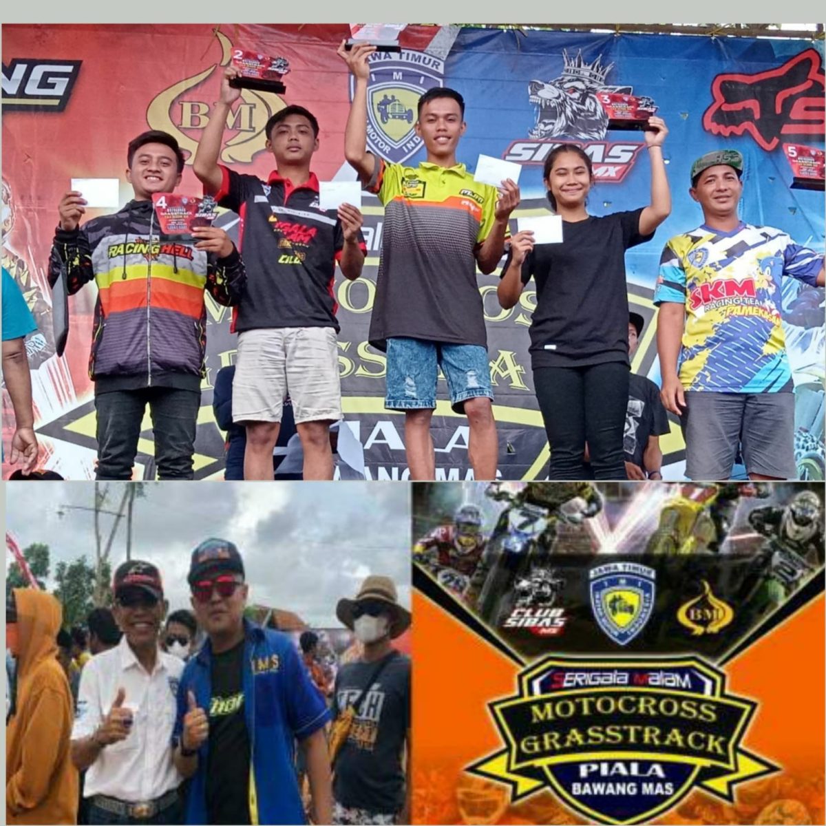 Foto:Para Pembalap asal Sumenep saat menerima piala (atas) dan ketua IMS Teguh Doni Efendi, SH, MM (bawah, Baju Biru)