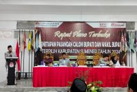 MEMUTUSKAN: Ketua KPU Sumenep, Nurus Syamsi, saat menetepkan Bupati dam Wakil Bupati Sumenep terpilih pada Pilkada 2024 (Edy - Seputar Jatim)
