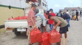 MEMBAWA: Ratusan nasi kotak dari Bupati Sumenep Achmad Fauzi Wongsojudo, untuk diberikan kepada para pemudik asal Pulau Masalembu di Pelabuhan Kalianget (Doc. Seputar Jatim)