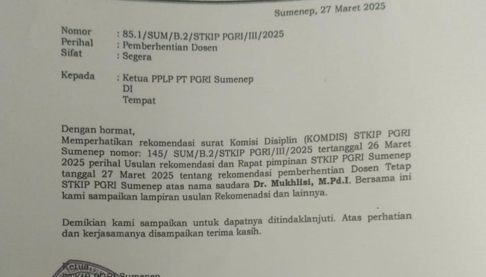STKIP PGRI Sumenep Keluarkan Surat Pemecatan terhadap Oknum Dosen yang Diduga Sering Selingkuh