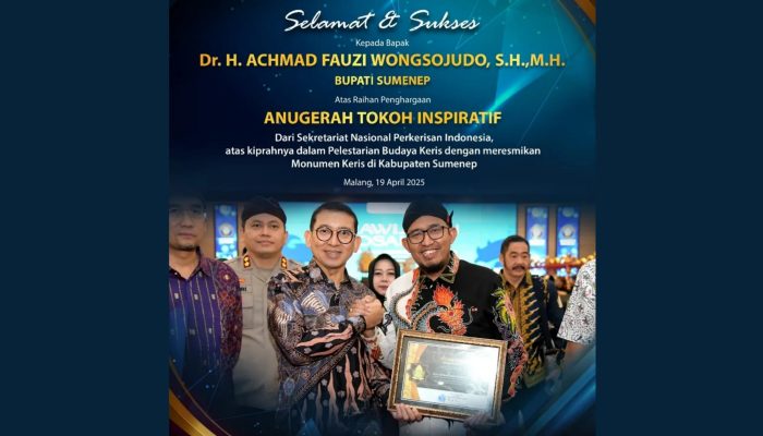 Lestarikan Budaya Keris, Bupati Sumenep Terima Penghargaan Tokoh Inspiratif dari SNKI 