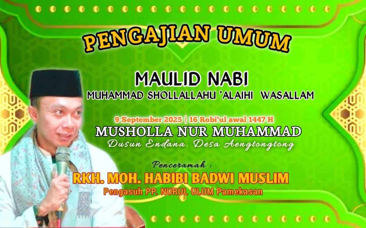PAMFLET: Pengajian Umum di Musholla Nur Muhammad Aeng Tong Tong, Saronggi, Sumenep (Doc. Seputar Jatim)