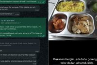 SCREENSHOT: Percakapan WhatsApp Dapur MBG dan jurnalis saat dikonfirmasi, dan menu mbg yang diduga tidak layak (Doc. Seputar Jatim)