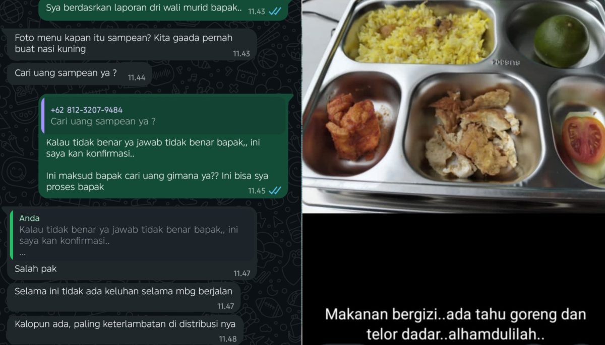 SCREENSHOT: Percakapan WhatsApp Dapur MBG dan jurnalis saat dikonfirmasi, dan menu mbg yang diduga tidak layak (Doc. Seputar Jatim)