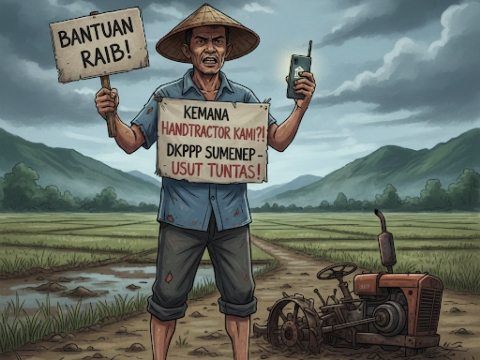 ILUSTRASI: Seorang anggota Poktan Surya Tani Desa Meddelan, menunjukkan sikap protes dan bersiap melaporkan dugaan raibnya handtraktor bantuan pemerintah ke DKPP Sumenep (Doc. Seputar Jatim)
