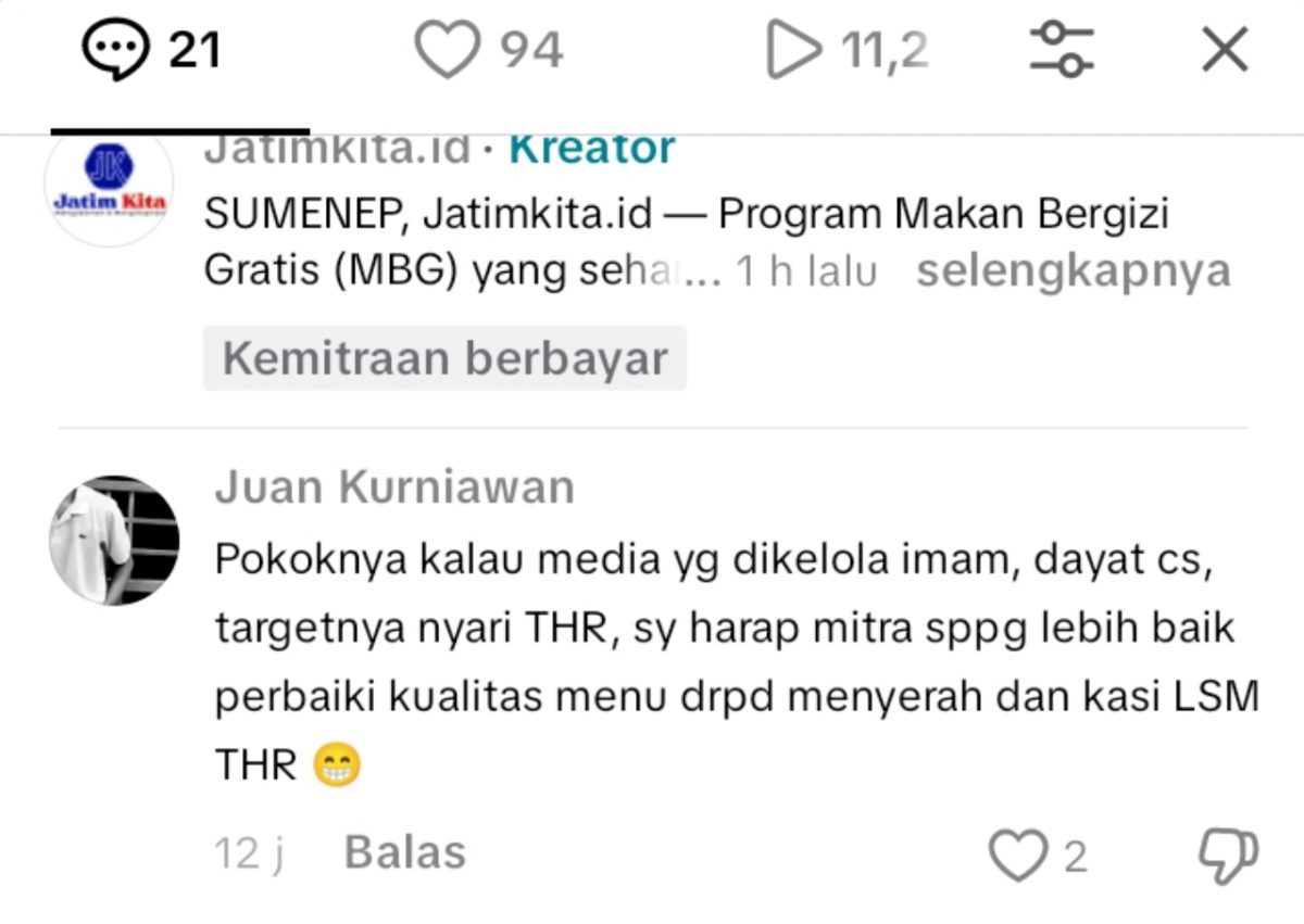 MEDSOS: Akun TikTok Juan Kurniawan saat memberikan komentar pada akun TikTok jatimkita.id (SC TikTok)