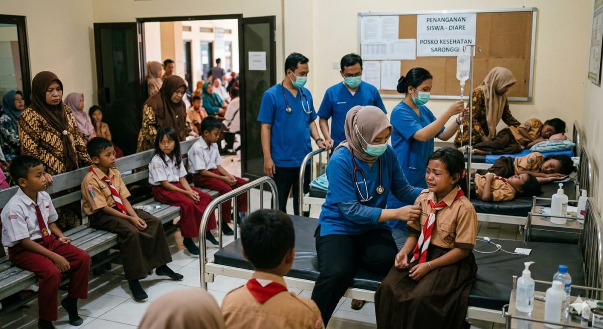 ILSTRASI: Suasana penanganan siswa di puskesmas usai mengalami diare setelah mengonsumsi menu MBG di Kecamatan Saronggi, Sumenep (Doc. Seputar Jatim)
