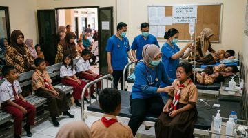 ILSTRASI: Suasana penanganan siswa di puskesmas usai mengalami diare setelah mengonsumsi menu MBG di Kecamatan Saronggi, Sumenep (Doc. Seputar Jatim)
