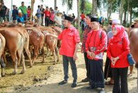 BERSERAGAM: Ketua DPC PDI Perjuangan Kabupaten Sumenep, Achmad Fauzi Wongsojudo (kiri) didampingi sekretaris dan bendahara saat penyaluran hewan kurban di halaman Masjid Fathimah Binti Said Ghauzan, Kecamatan Manding (Doc. Seputar Jatim)