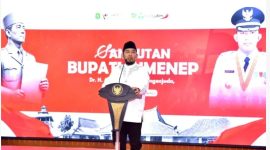 TEGAS: Bupati Sumenep, Achmad Fauzi Wongsojudo, saat memberikan sambutan pada acara Doa Sang Proklamator dalam rangka peringatan Bulan Bung Karno 2026 di Pendopo Agung Keraton Sumenep (Doc. Seputar Jatim)