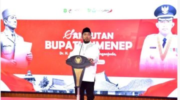 TEGAS: Bupati Sumenep, Achmad Fauzi Wongsojudo, saat memberikan sambutan pada acara Doa Sang Proklamator dalam rangka peringatan Bulan Bung Karno 2026 di Pendopo Agung Keraton Sumenep (Doc. Seputar Jatim)