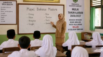 ILUSTRASI: Seorang guru mengajar mata pelajaran Bahasa Madura kepada siswa di ruang kelas. Mulai Tahun Ajaran 2026/2027, Pemerintah Kabupaten Sumenep resmi mewajibkan Bahasa Madura sebagai mata pelajaran muatan lokal di seluruh jenjang PAUD, SD, dan SMP sebagai upaya melestarikan bahasa dan budaya daerah (Doc. Seputar Jatim)