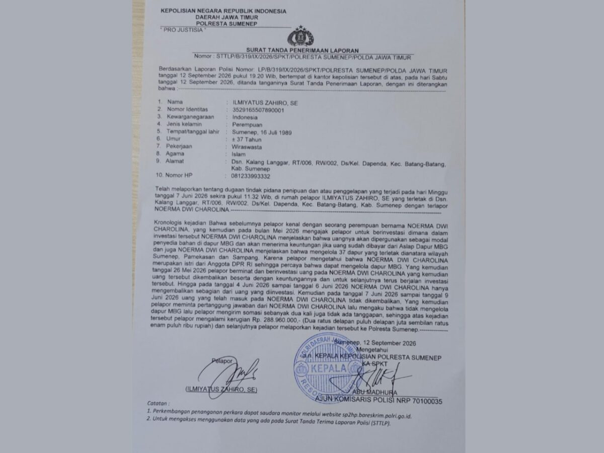Surat Tanda Penerimaan Laporan (STTLP) Polresta Sumenep (Dok. Seputar Jatim)