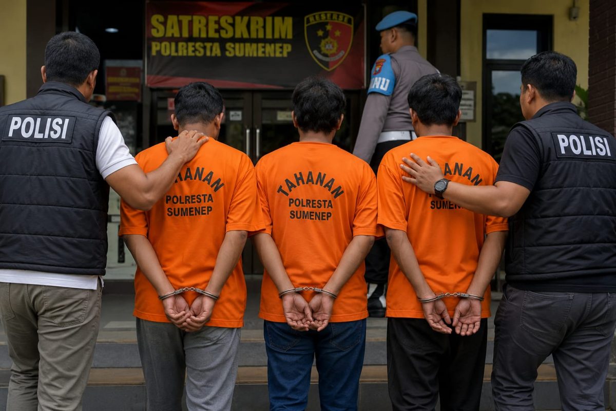 ILUSTRASI:
Tiga tersangka kasus dugaan pencurian kayu aset Desa Nonggunong digambarkan saat menjalani penahanan oleh penyidik Satreskrim Polresta Sumenep. Ketiganya resmi ditahan setelah menjalani pemeriksaan (Dok. Seputar Jatim)