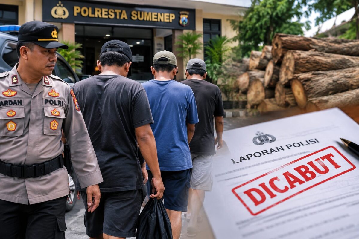 ILUSTRASI : Tiga tersangka kasus dugaan pencurian kayu di Nonggunong, Sumenep, yang telah dipulangkan setelah perkara tersebut dicabut oleh pelapor (Dok. Seputar Jatim)