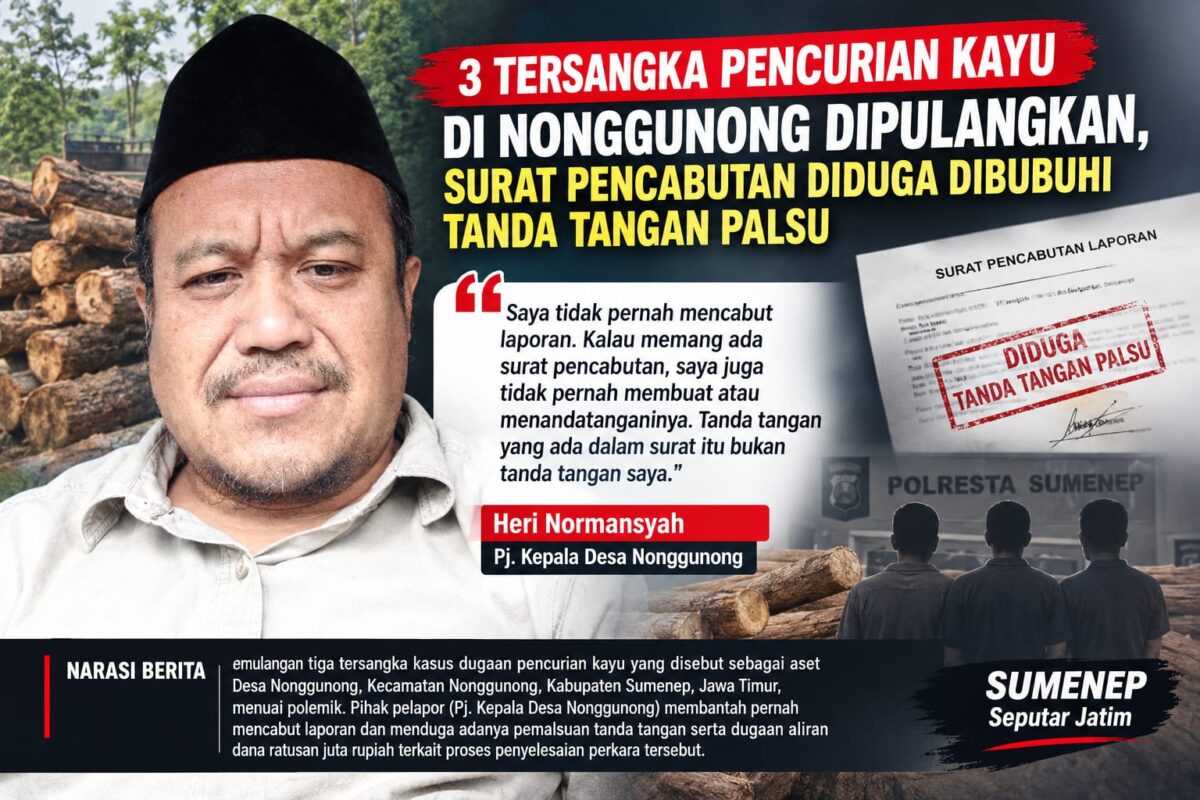 ILUSTRASI: Pj. Kepala Desa Nonggunong, Heri Normansyah, membantah pernah mencabut laporan kasus dugaan pencurian kayu yang disebut sebagai aset Desa Nonggunong (Dok. Seputar Jatim)